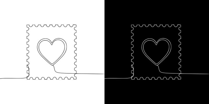 Isolated vector image of a postage stamp with heart design in line art style with two design options on transparent and black backgrounds for Valentine's Day, metaphor for long-distance love  