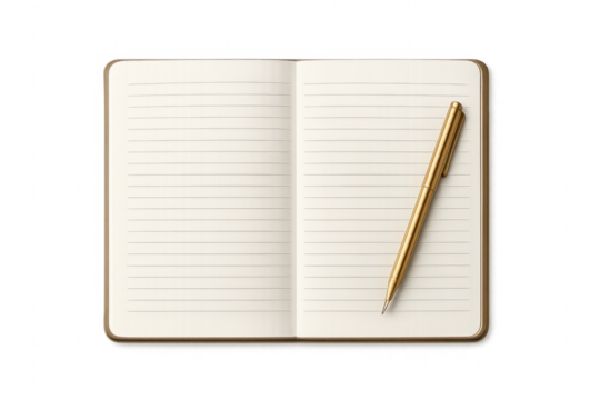 Open lined notebook with gold pen on transparent background