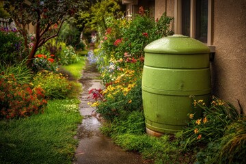 Green rainwater collection barrel beside vibrant flower beds colorful blooms. Sustainable gardening. Enhancing the outdoor space environment. Promoting eco-friendly horticulture, farming practices