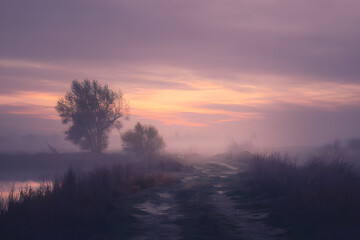 Fototapeta premium soft foggy landscape illuminated by a faint sunrise creating a peaceful atmosphere and symbolizing quiet reflection