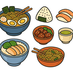 Asian food collection featuring ramen, nigiri sushi, onigiri, chicken rice, and hot noodles