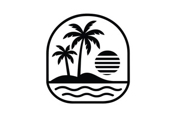 Tropical island badge silhouette featuring palm trees sun and ocean waves