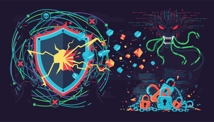 Vivid illustration of a cyberattack concept, featuring a menacing digital monster with tentacles attacking a cracked shield, surrounded by abstract shapes and code, symbolizing data breach and system