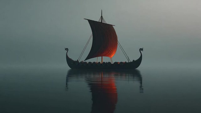 A silhouetted viking longship sails across a calm reflective body of water at dusk