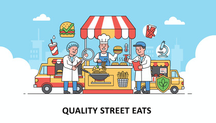 Vibrant vector illustration depicting a food quality control process at a bustling street food truck, with chefs in lab coats inspecting burgers, noodles, and fries, emphasizing hygiene and