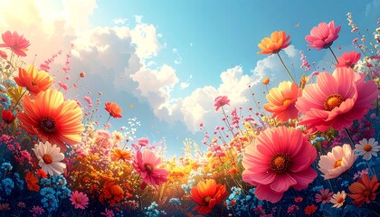 Sunny sky backdrop with vibrantly colored flowers in bloom, rendered in a painterly, idyllic style