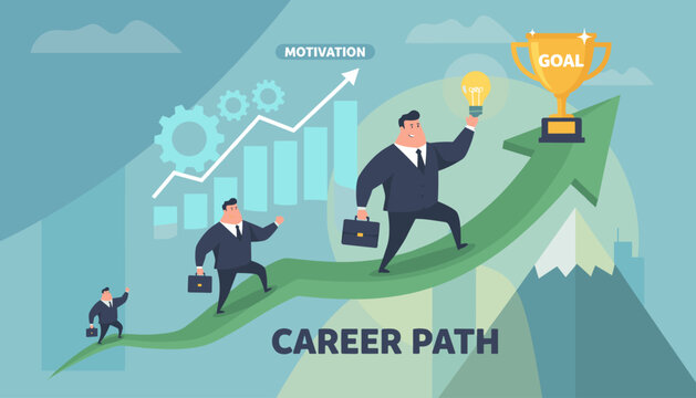 Vibrant vector illustration depicting a successful career path with businessmen ascending a green arrow towards a golden trophy representing the ultimate goal, symbolizing motivation, growth, and