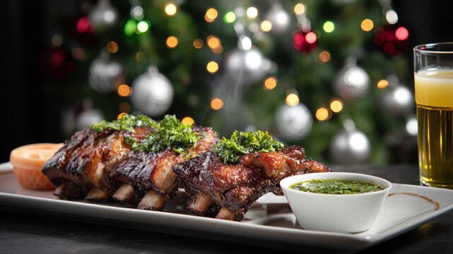 Zoom out on steaming asado ribs served with chimichurri sauce. Slow motion.