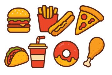 Classic junk food icons set featuring hamburger, french fries, hot dog, and pizza slice