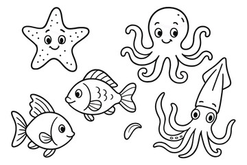 Outline drawing of cute cartoon sea animals including starfish octopus squid and fish