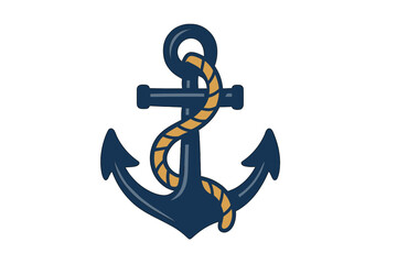 Classic navy blue anchor with golden rope wrapped around the shank and ring