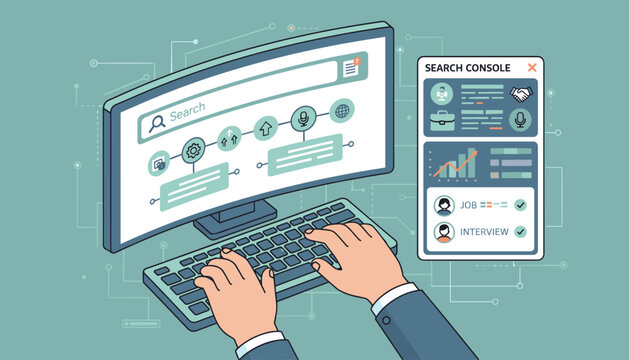 Modern computer screen displaying a search console interface with various icons and data visualizations, representing technology, search engine optimization, and business analytics, with hands typing
