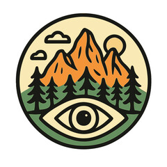 Mystical circular badge design featuring a stylized mountain landscape, dense pine forest, and prominent all-seeing eye symbol