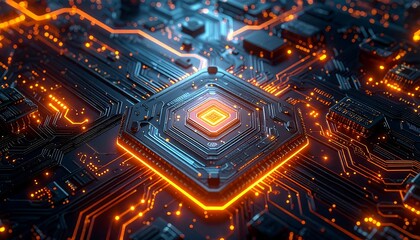 Obraz premium Intricate circuit board with central chip glowing orange, surrounded by dark components and interconnecting pathways