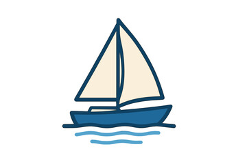 Minimalist blue sailboat icon with white sails floating on gentle ocean waves