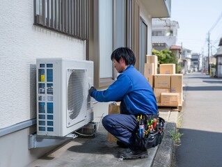 日本の戸建て住宅の外壁にエアコンの室外機を設置している電気工事や設置工事の作業員