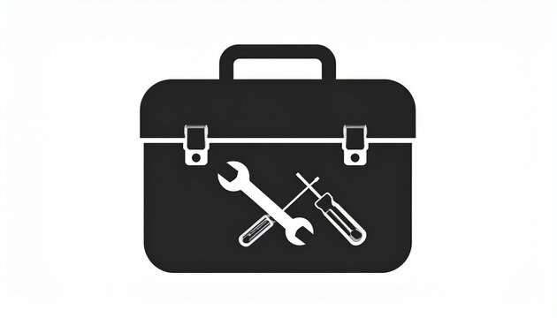 A simple black silhouette icon of a toolbox with a crossed wrench and screwdriver, symbolizing repair, maintenance, and technical support services