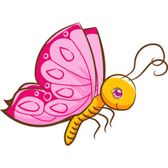 Cute Pink Butterfly With Orange Body Yellow Eyes And Swirly Antennae With Detailed Wing Patterns On White Background