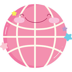 Cute Pink Cartoon Globe Character With A Happy Face And Stars Floating Around It On A Transparent Background