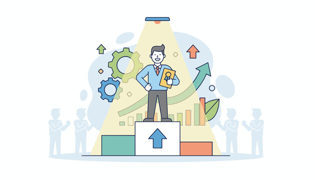 Vivid illustration of a successful businessman standing on a winner's podium, bathed in a spotlight, holding a certificate, with gears, growth charts, and cheering silhouettes symbolizing achievement