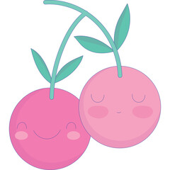 Cute Pink Cherry Pair With Green Stems and Leaves Adorable Kawaii Fruit Illustration With Happy Facial Expressions Isolated On Transparent Background