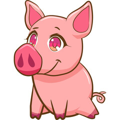 Cute Pink Cartoon Piglet Sitting With Big Sparkly Eyes And A Curled Tail Against A Transparent Background