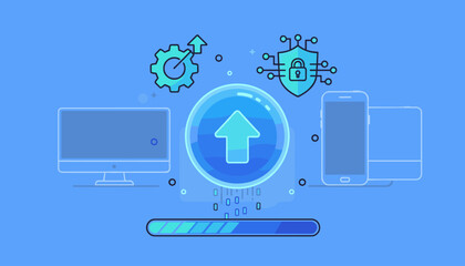 Digital illustration of a software update or operating system upgrade concept, featuring a central glowing blue circle with an upward arrow, surrounded by icons representing technology and security