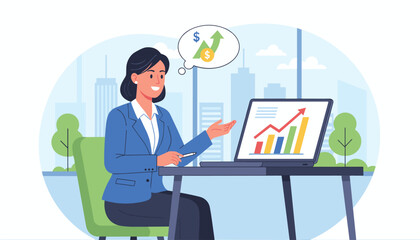 Successful Asian businesswoman in a blue suit analyzes sales growth charts on a laptop, with a thought bubble showing upward trending arrows and dollar signs, representing financial success and