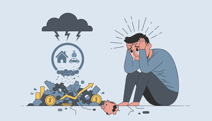 A businessman sits at his desk, head in hands, overwhelmed by regret and disappointment over a significant business mistake, symbolizing failure and the emotional toll of poor decisions in a