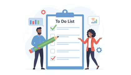 Vibrant illustration of a man holding a large green pencil and a woman gesturing towards a clipboard with a 'To Do List' and checkmarks, symbolizing productivity and task management in a business or