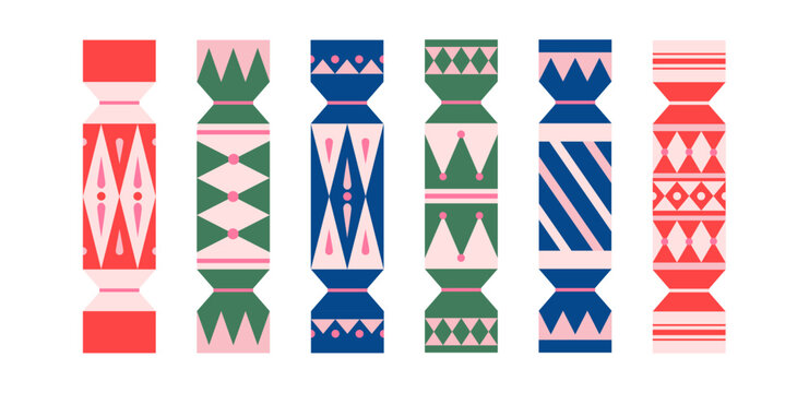 Set of colorful sweet candy, crackers on white background. Geometric flat ornament. Christmas or birthday template. Isolated elements.