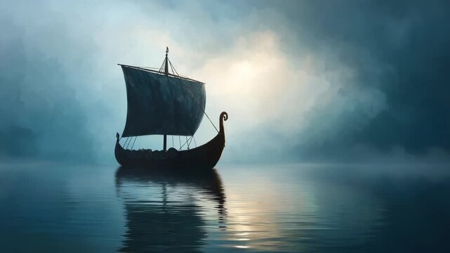 A viking longship sailing on a calm body of water with misty atmosphere conceptual