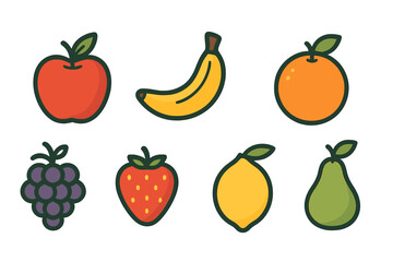 Colorful set of fresh fruits including apple, banana, orange, grapes, strawberry, lemon, and pear