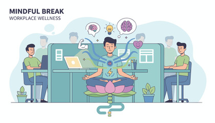 Vector illustration of a man meditating in a lotus pose at his office desk, surrounded by colleagues, symbolizing workplace wellness, mindful break, stress relief, mental clarity, and inner peace