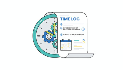 Conceptual illustration of time management and productivity, featuring a stylized clock with interlocking gears and a document labeled "Time Log" with tasks like "Express Services for Processing