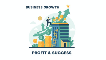 Vibrant vector illustration depicting business growth and financial success, featuring a businessman climbing stairs towards a golden star atop a building, surrounded by stacks of coins, upward