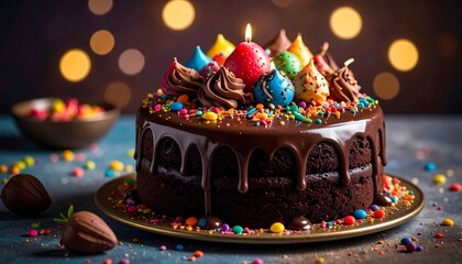 Luscious chocolate cake, dripping ganache, brightly frosted and sprinkled, sits on a gold plate. Bokeh lights