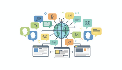 Vibrant flat-style vector illustration depicting a global network of news and social media communication, featuring icons for search, likes, profiles, messages, microphone, video play, camera, Wi-Fi