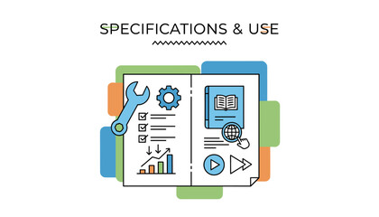 Vector illustration of a document detailing specifications and requirements, featuring icons for tools, checklists, charts, a book, a globe, and media playback controls, representing business