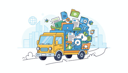 Vivid flat style vector illustration of a yellow delivery truck overloaded with digital data, documents, folders, cloud storage icons, and hard drives, symbolizing data transfer, logistics, and