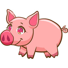 Cute Pink Piglet With Big Expressive Eyes and Pink Bow Ears Standing on Transparent Background