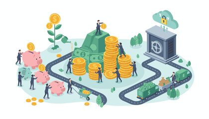Isometric illustration of financial services, depicting a small bank with a secure cloud storage system, people depositing coins into piggy banks, stacking gold coins and banknotes, and transporting