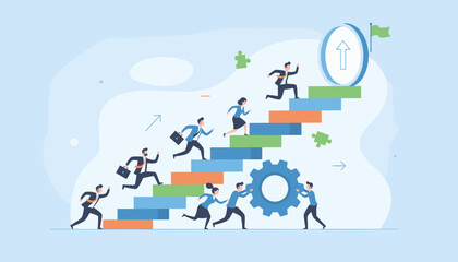 Dynamic flat-style vector illustration depicting a diverse group of business professionals energetically ascending a colorful staircase, symbolizing career growth, teamwork, and achieving goals, with