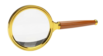 Elegant magnifying glass with gold frame and wooden handle on transparent background