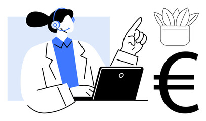 Customer service agent wearing a headset works with a laptop, pointing upward. Nearby are a Euro currency sign and a potted plant. Ideal for finance, customer support, e-commerce, online learning