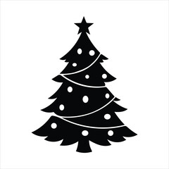 Simple black silhouette christmas tree with lights and star festive holiday decoration element