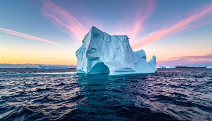 Majestic iceberg drifts in serene blue waters under a pink & yellow streaked sky at dusk or dawn, reflecting beauty