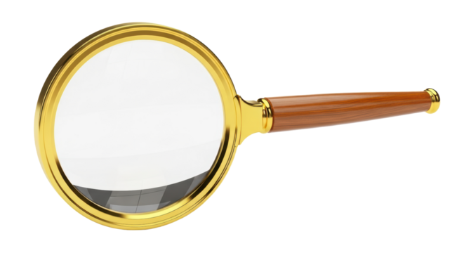 Elegant magnifying glass with gold frame and wooden handle on transparent background