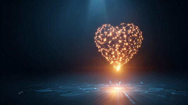 Abstract digital heart glowing network structure on a dark blue background