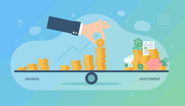 Conceptual illustration of business finance and saving money, showing stacks of coins and banknotes on a balance scale, symbolizing investment growth and financial planning with a piggy bank and
